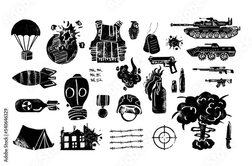 Military engraving, ink style set (knife, handgun, bomb, bullet, gas mask, sword, helmet, captain hat, explosion, dynamite, tent, machine gun, beret, battleship)