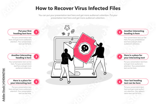 Simple infographic template for how to recover virus infected files. 6 stages template with an infected file and two hackers as a main symbol.