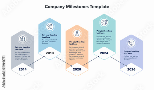 Company milestones with five colorful stages. Flat infographic design with minimalistic icons.