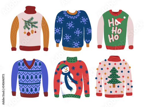 Set of sweaters for ugly Christmas party. Warm knitted jumpers with different cute prints and ornaments. Vector illustration isolated on white.