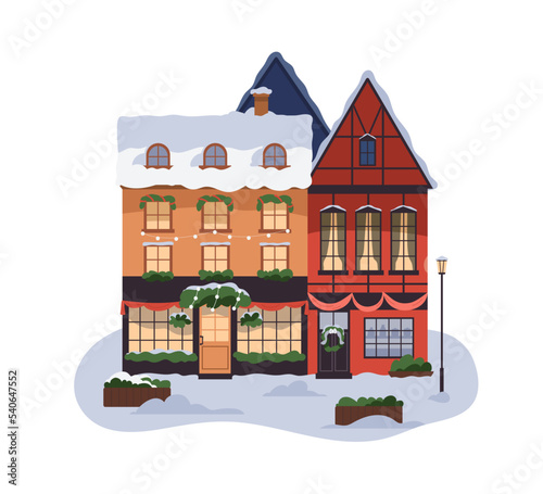European building exterior with Christmas decoration. House facade with Xmas,...
