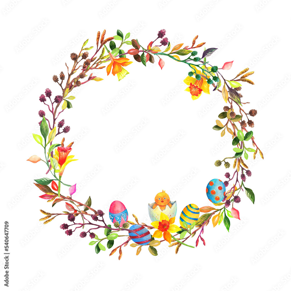 Fototapeta premium Watercolor wreath with Easter elements. Transparent layer.