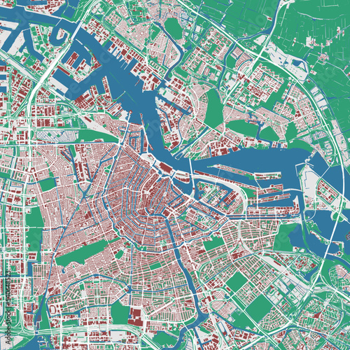 Amsterdam map. Detailed map of Amsterdam city administrative area. Cityscape urban panorama. Outline map with buildings  water  forest.
