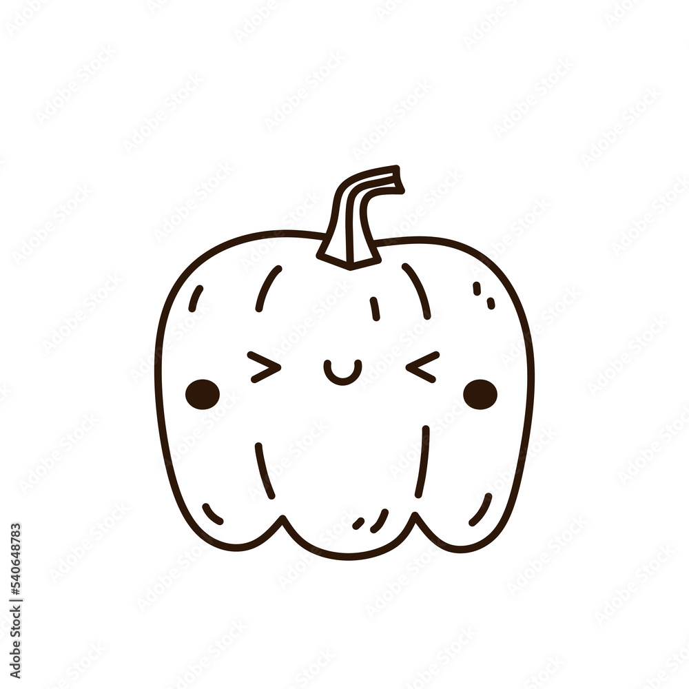Obraz premium Cute and funny pumpkin isolated on white background. Vector hand-drawn illustration in doodle style. Kawaii character. Perfect for cards, decorations, logo and Halloween designs.