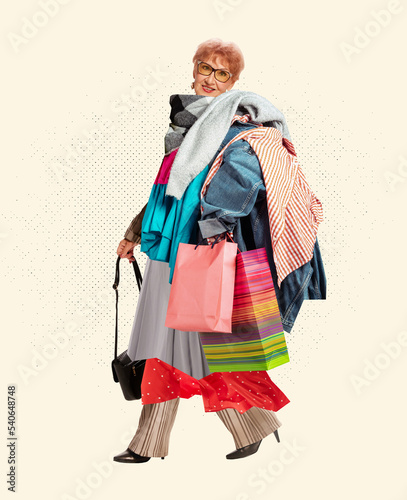 Fashionable middle age woman wearing a lot of diverse clothes over white background. Retro style, beauty, fashion, follower, shopping addiction