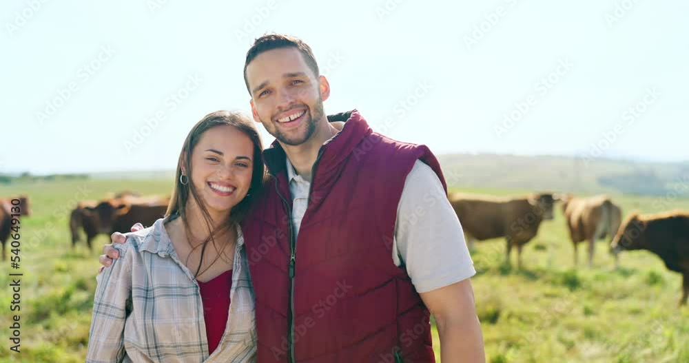 Portrait, love and happy couple on a cattle farm hugging, bonding and enjoy quality time outdoors in nature. Smile, relax and woman farming cows and harvesting animal livestock with a farmer on field Portrait, love and happy couple on a cattle farm hugging, bonding and enjoy quality time outdoors in nature. Smile, relax and woman farming cows and harvesting animal livestock with a farmer on field