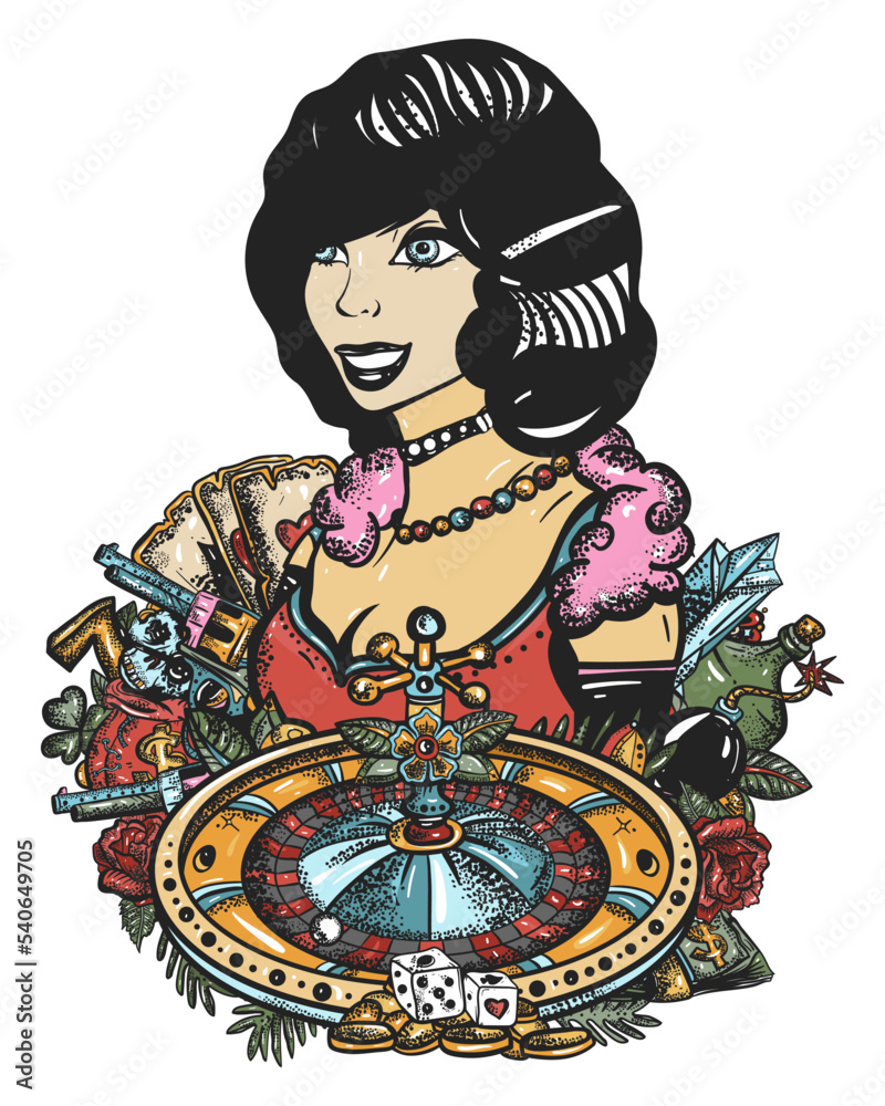 Criminal elegant noir woman. Casino lady croupier, pin up girl portrait. Old school tattoo vector art. Hand drawn graphic. Isolated on white. Traditional flash tattooing Criminal elegant noir woman. Casino lady croupier, pin up girl portrait. Old school tattoo vector art. Hand drawn graphic. Isolated on white. Traditional flash tattooing