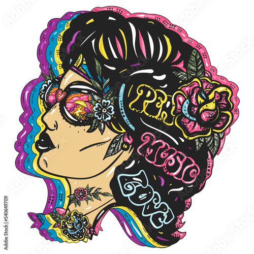 Retro funk and hippie music girl. African American cool woman. Old school tattoo vector art. Hand drawn graphic. Isolated on white. Traditional flash tattooing
