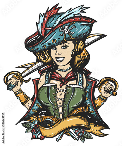 Pirate girl. Captain woman, sea wolf filibuster. Old school tattoo vector art. Hand drawn graphic. Isolated on white. Traditional flash tattooing
