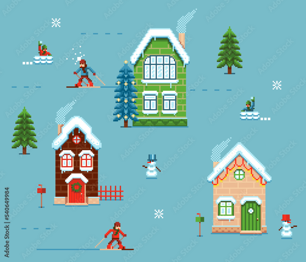 Christmas New Year embroidery pixelart, seamless pattern. Colorful houses, snowman, winter fun, X-mass tree and pines Christmas New Year embroidery pixelart, seamless pattern. Colorful houses, snowman, winter fun, X-mass tree and pines