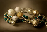 Balls and a garland for the Christmas tree on a silver and gold background. New Year's toys.