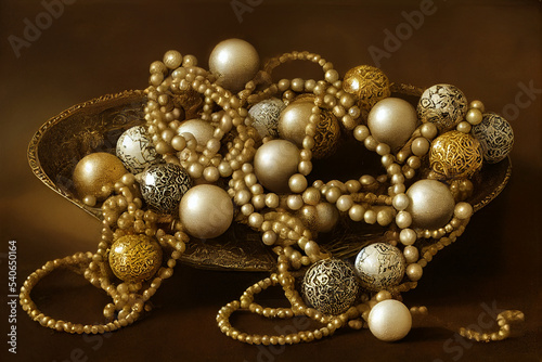 Balls and a garland for the Christmas tree on a silver and gold background. New Year's toys.