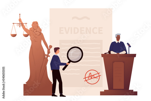 Justice concept. Legal system. Trial in the court. Judge making verdict. Lawyer with a magnifier pointing to evidence. Jurisdiction. Flat vector illustration.