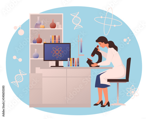 Woman scientist is looking in the microscope in the laboratory. Genomic, genetic test. DNA analysis, inherited diseases. Scientific discoveries. Flat vector illustration. 