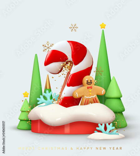 Christmas design holiday gift card, banner, web poster. On the round snow podium Gingerbread red candy cane, gingerbread man, cone abstract green fir trees, falling snowflakes . Vector illustration