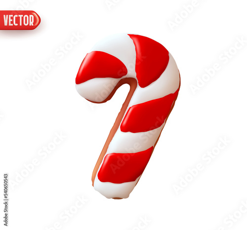 Christmas Candy cane biscuit red and white color. Realistic 3d cartoon style design. Xmas Holiday icon, Festive decorative element. Isolated on white background. vector illustration