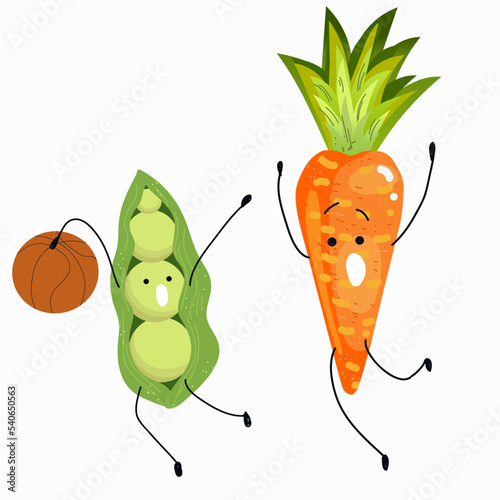 Vector illustration best friends vegetables carrot and pea have fun, play basketball, funny cartoon hand drawn characters.