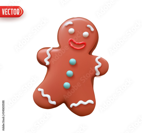 Christmas gingerbread man biscuit brown color. Realistic 3d cartoon style design. Xmas Holiday icon, Festive decorative element man cookies. isolated on white background. vector illustration