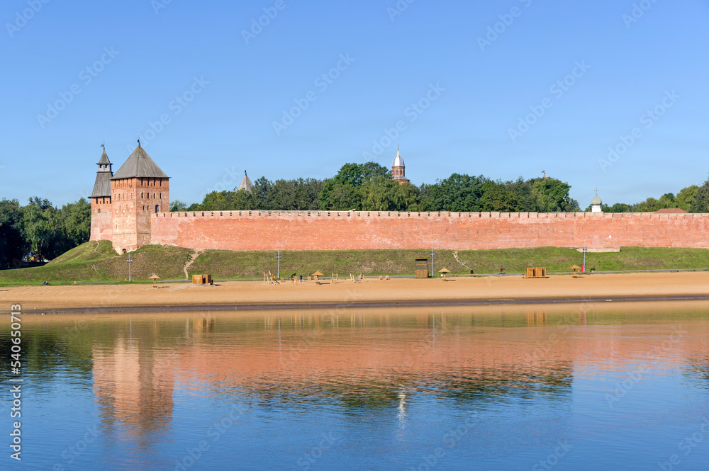 View of the wall of the Novgorod Kremlin across the Volkhov River.