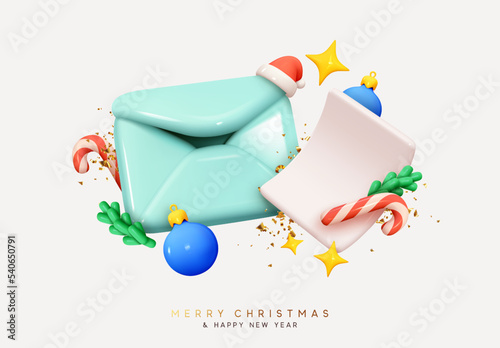 Merry Christmas and Happy New Year Holiday composition congratulatory letter and gretting invitation, postal letters to santa claus, blank white paper sheet for text. Vector illustration
