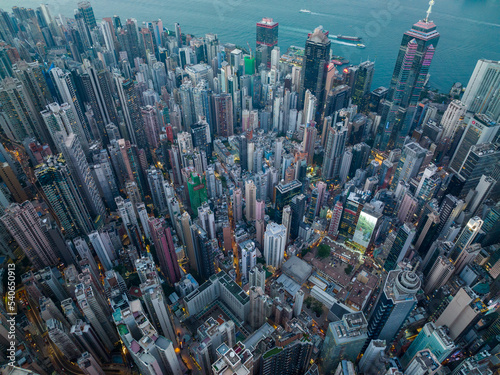 Top down view of the compact city in central of Hong Kong in the evening