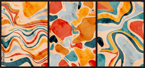 Set of three abstract pop art aesthetic backgrounds with different shapes, waves, dots, thin lines. Trendy colorful vector illustration for social networks, web design, in vintage style.