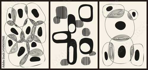 Wallpaper Mural A set of three artistic illustrations in Japanese vintage style. Minimalistic background with geometric pattern. Modern oriental poster design. Aesthetic painting in pastel colors with various shapes. Torontodigital.ca