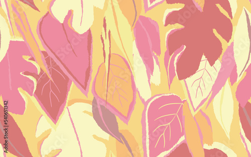 Floral seamless with hand drawn color exotic monstera leaves. Cute summer background. Tropic branches. Modern floral compositions. Fashion vector illustration for wallpaper, fabric, textile