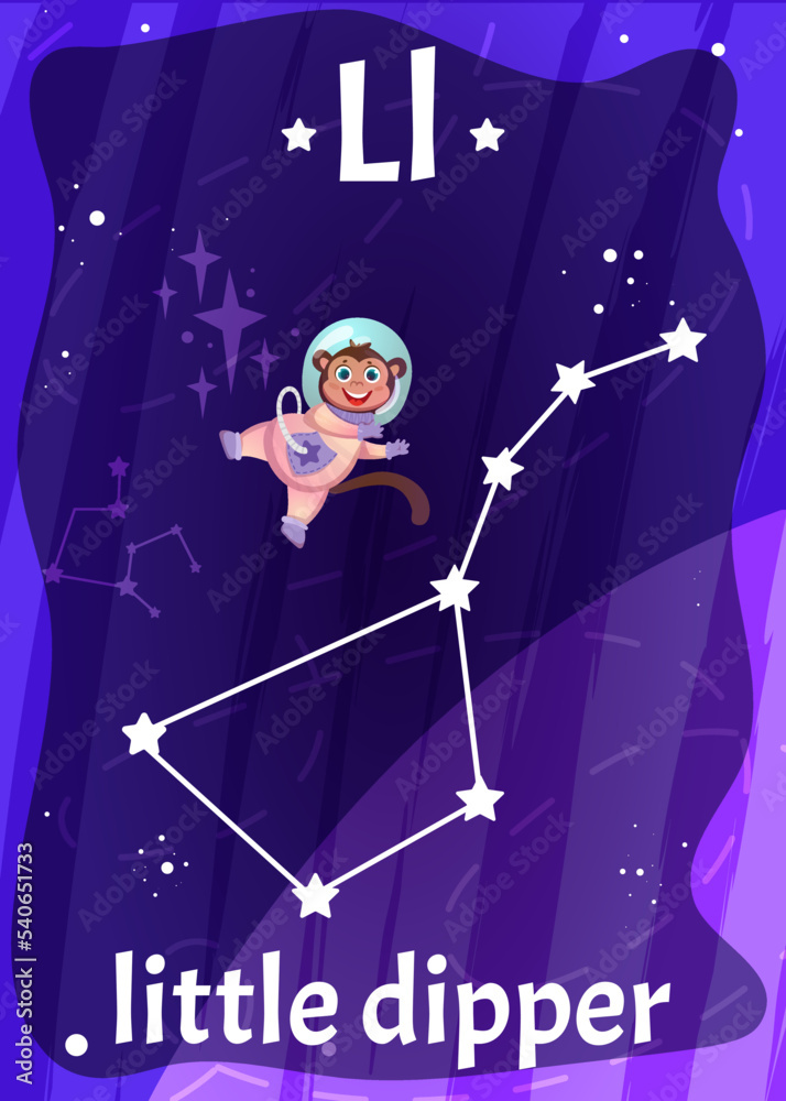 Printable space alphabet flash card with letter L. Cartoon little dipper, constellation ursa minor with english word name on flashcard for children education. Kid cards for teaching reading in school.