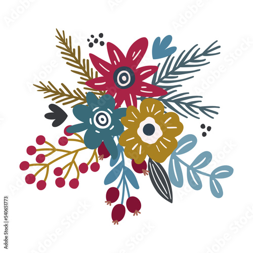 New Years festive bouquet of winter flowers and berries. Vector graphics on white background, for the design of postcards, posters, congratulations, for prints on t-shirts, mugs, pillows.