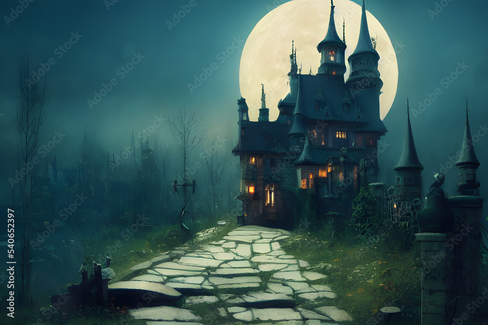 Fantasy castle on a full moon night.	
