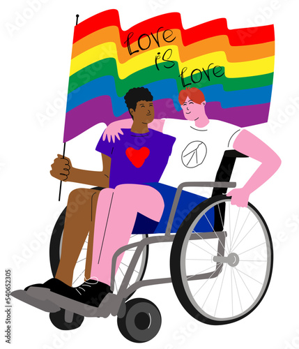 Two disabled gay men in wheelchair with LGBT flag on white isolate. The concept of love no matter what. Vector illustration of people of different races.