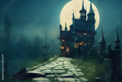 Tela Fantasy castle on a full moon night.