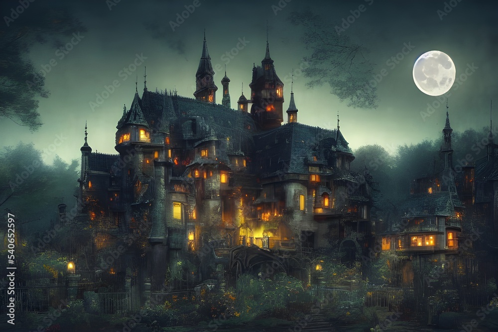 Fantasy castle on a full moon night.	