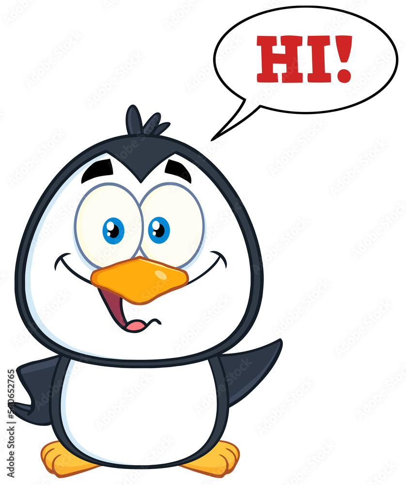 Obraz premium Smiling Cute Penguin Cartoon Character Waving With Speech Bubble And Text. Hand Drawn Illustration Isolated On Transparent Background