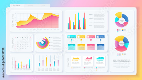 Dashboard UI Infographic for business presentation with data graphs, diagrams, charts and statistic. Clean and simple app interface. Vector minimal style design