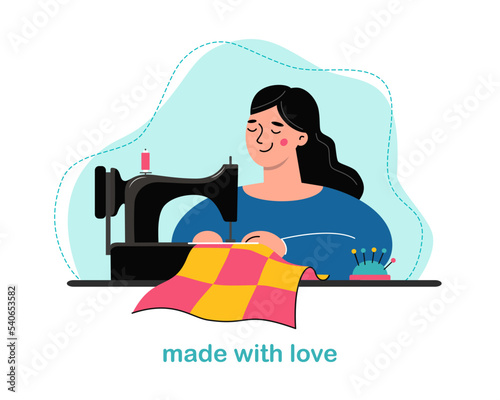 Happy woman sewing patchwork. Seamstress at her workplace with sewing machine. illustration for Cutting and sewing courses. Made with love