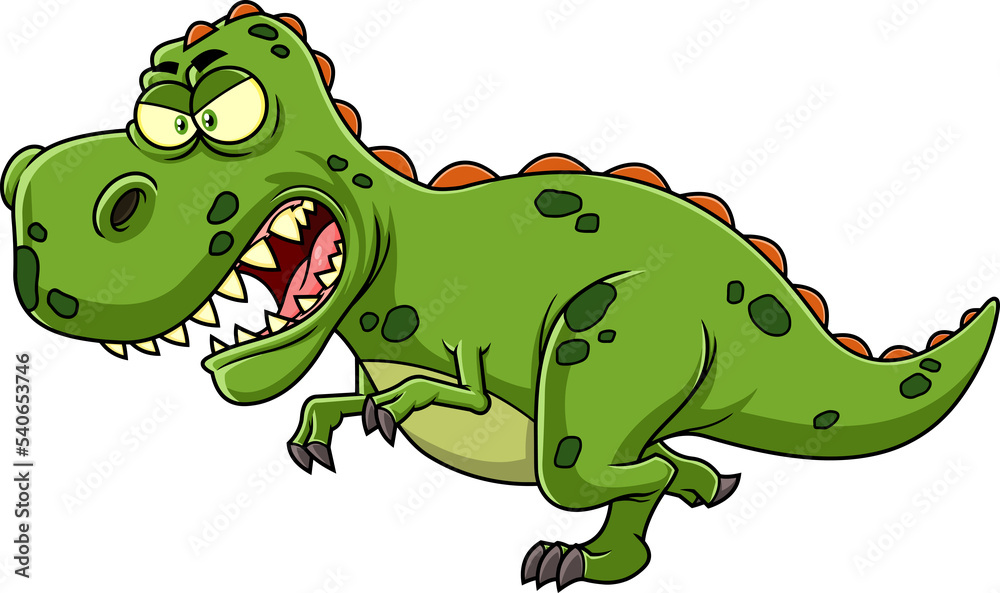Fototapeta premium Angry Green Dinosaur Cartoon Character Running. Hand Drawn Illustration Isolated On Transparent Background