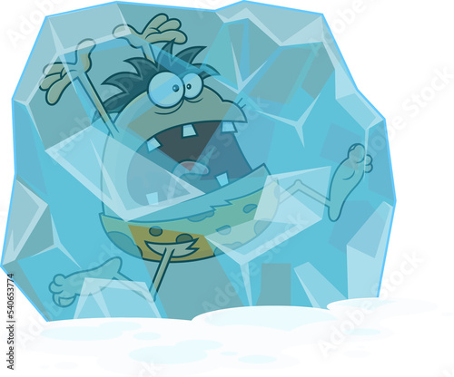 Frozen Caveman Cartoon Character In A Block Of Ice. Hand Drawn Illustration Isolated On Transparent Background