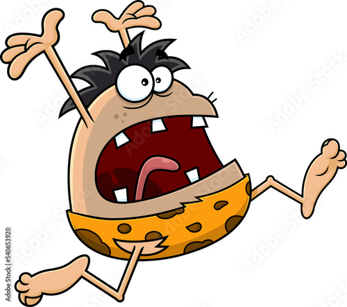 Scared Caveman Cartoon Character Running. Hand Drawn Illustration Isolated On Transparent Background