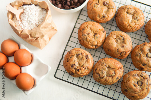 Chocolate chip cookies on white background.