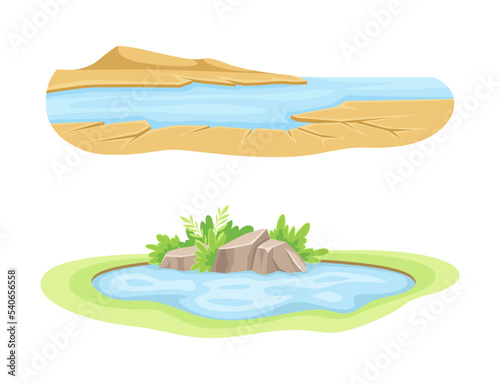 Water Resources with Pond and River with Sandy Shore Vector Set