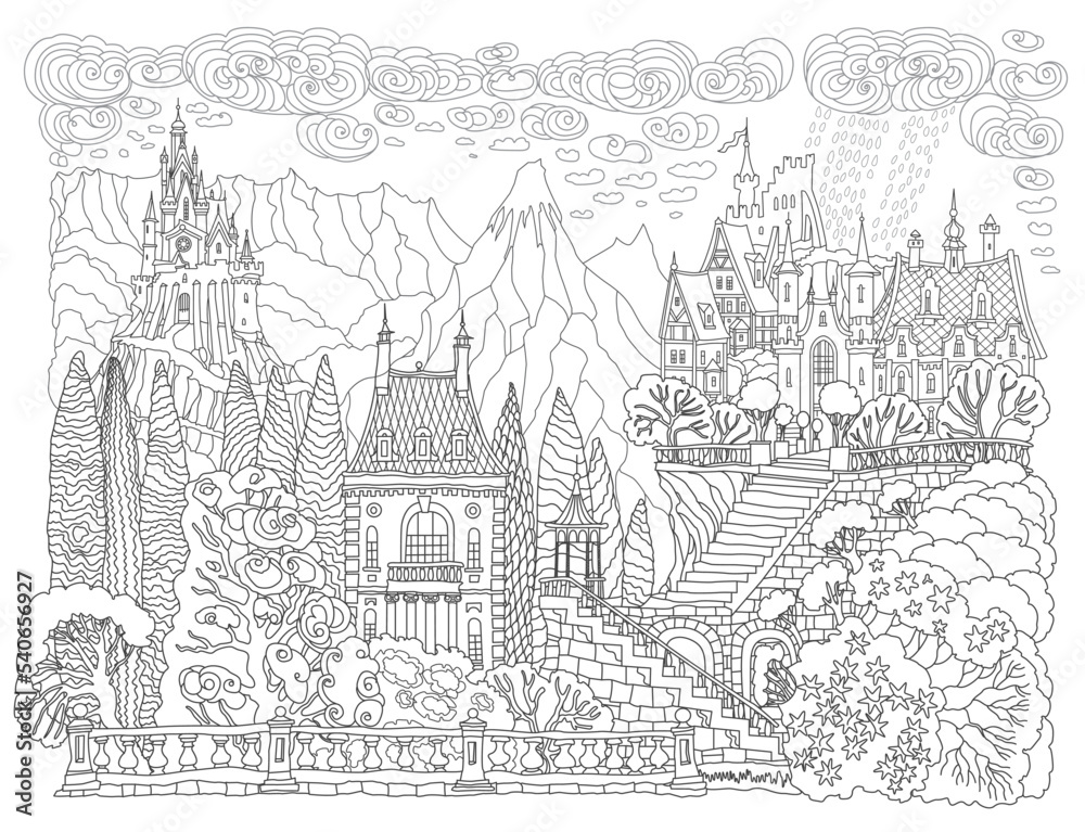 Fantasy landscape with Fairy tale castle on a hill, mountains and rain clouds. Black and White Coloring book page 