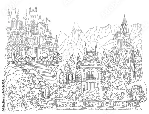 Fantasy landscape with Fairy tale castle on a hill, stone staircase, garden and mountains. Black and White Coloring book page 