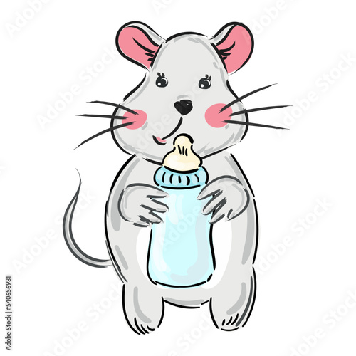 Cute cartoon newborn baby mouse with bottle of milk. Vector illustration of an animal on white background