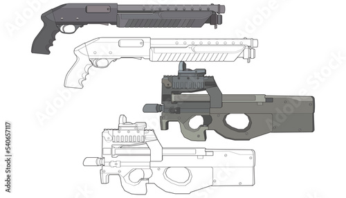 Set of military or police firearms vector style, Shooting gun, Weapon illustration, Vector Line, for training