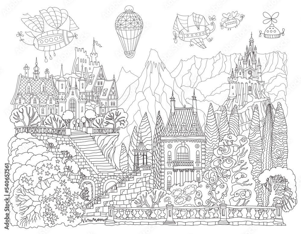 Fantasy landscape with Fairy tale castle on a hill, garden, mountains and fantasy flying dirigibles. Black and White Coloring book page 