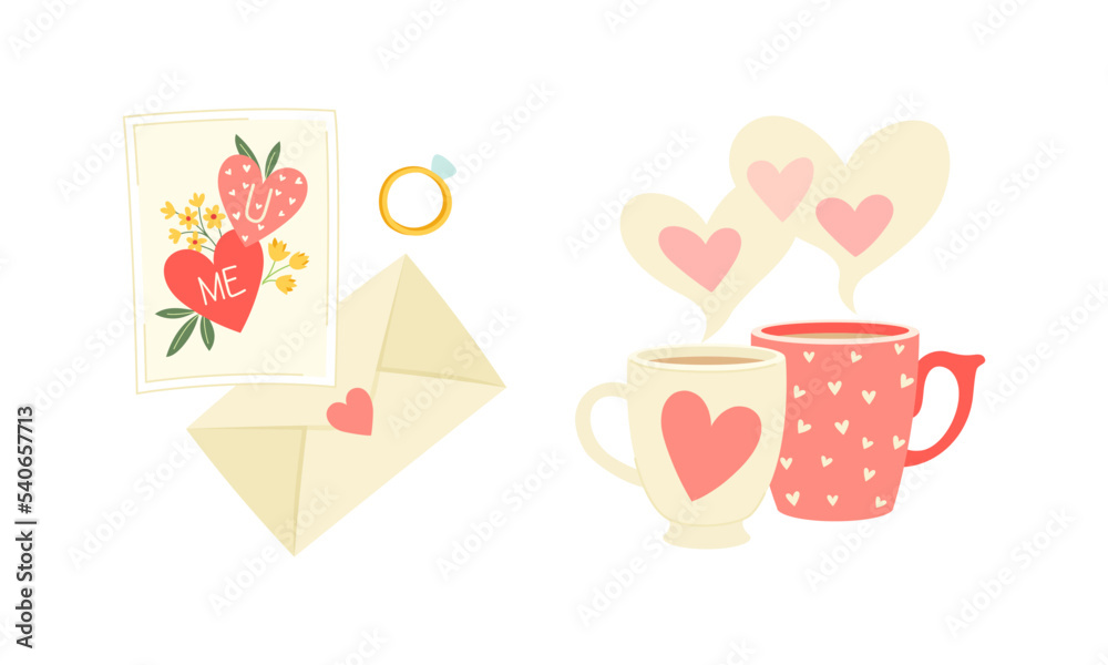 Envelopes with Ring and Postcard and Two Steaming Heart Mugs for Valentines Day Vector Set