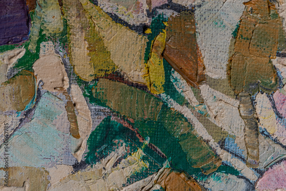 Abstract background closeup of a painting with brushstrokes. Rough art paint smear. Large multicolor spots of brush strokes and palette knife on the canvas Abstract background closeup of a painting with brushstrokes. Rough art paint smear. Large multicolor spots of brush strokes and palette knife on the canvas
