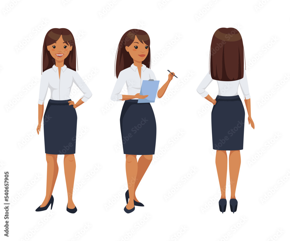 Office Woman Character Wearing Formal Suit in Standing Pose Vector Set Office Woman Character Wearing Formal Suit in Standing Pose Vector Set